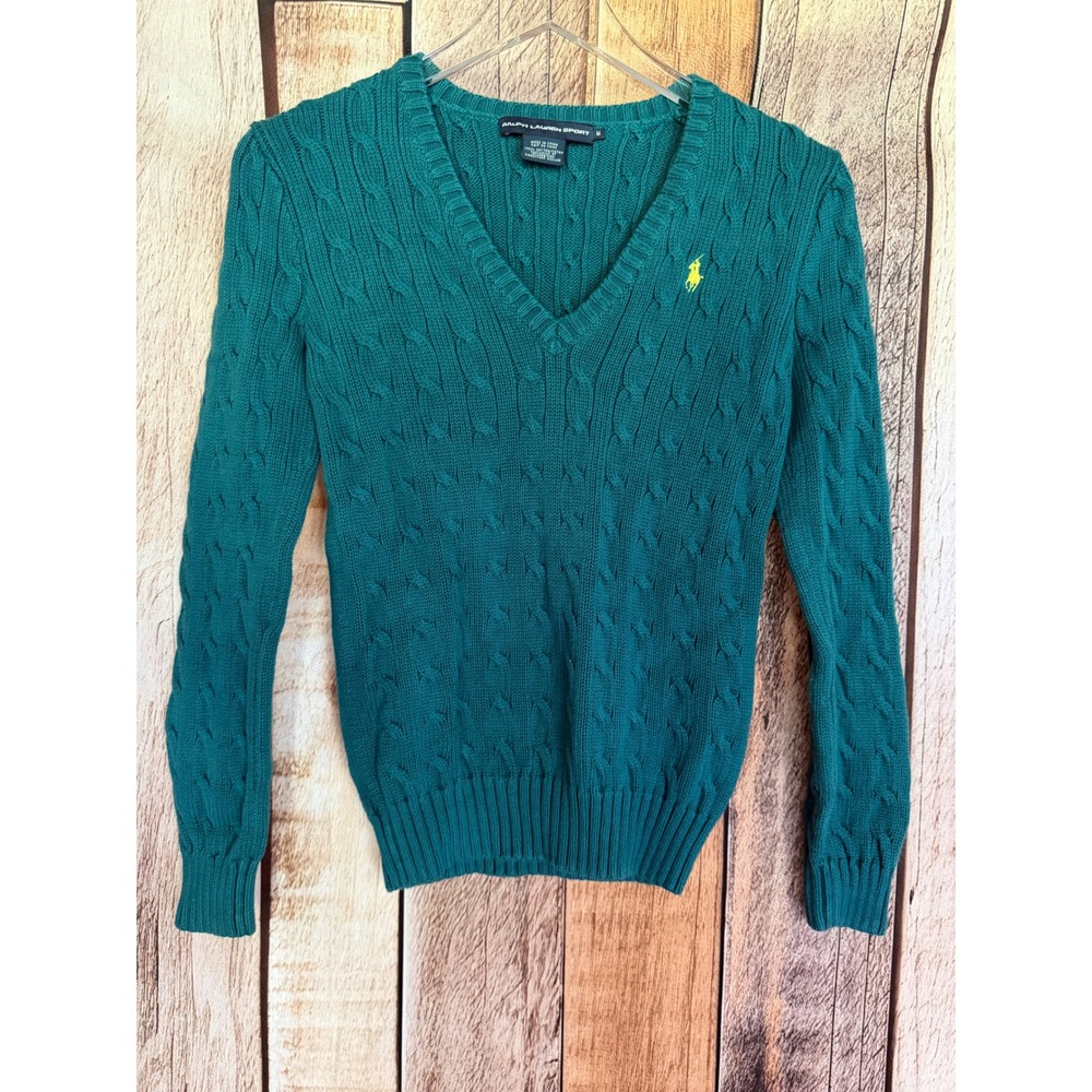 Ralph Lauren Sport Cable Knit V-Neck Sweater Teal Green Classic Preppy Medium